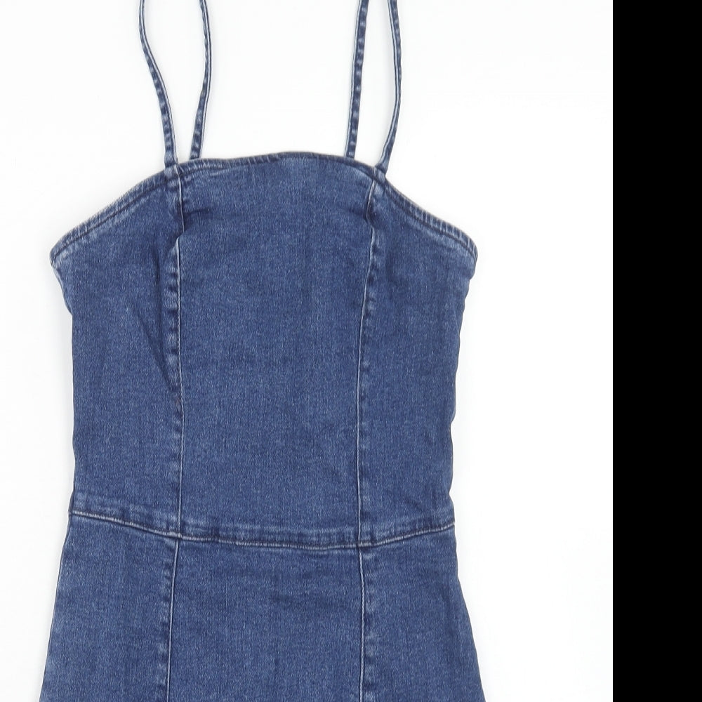 Denim & Co. Womens Blue Cotton Mini Size 10 Square Neck Zip