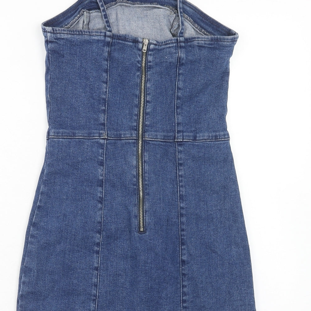 Denim & Co. Womens Blue Cotton Mini Size 10 Square Neck Zip