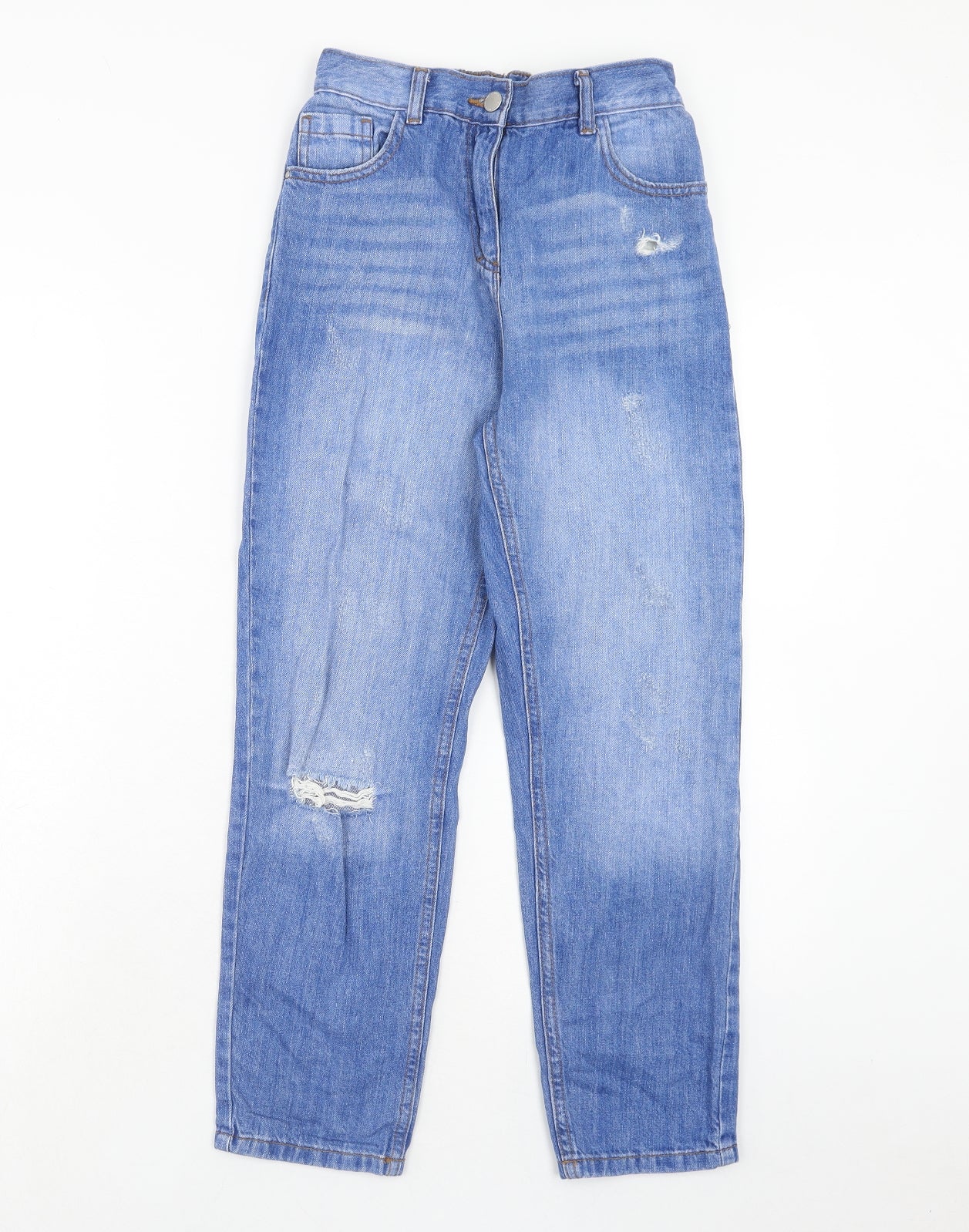 NEXT Girls Blue Cotton Tapered Jeans Size 11 Years Regular Zip - Distressed