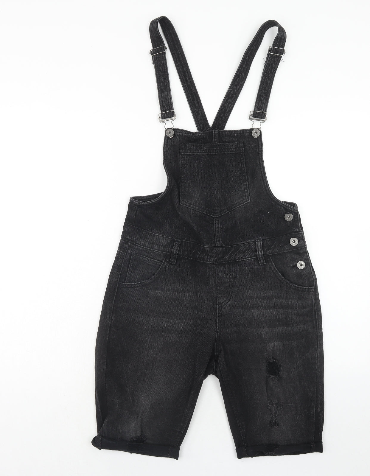 Denim & Co. Womens Black Cotton Dungaree One-Piece Size 10 Button - Distressed