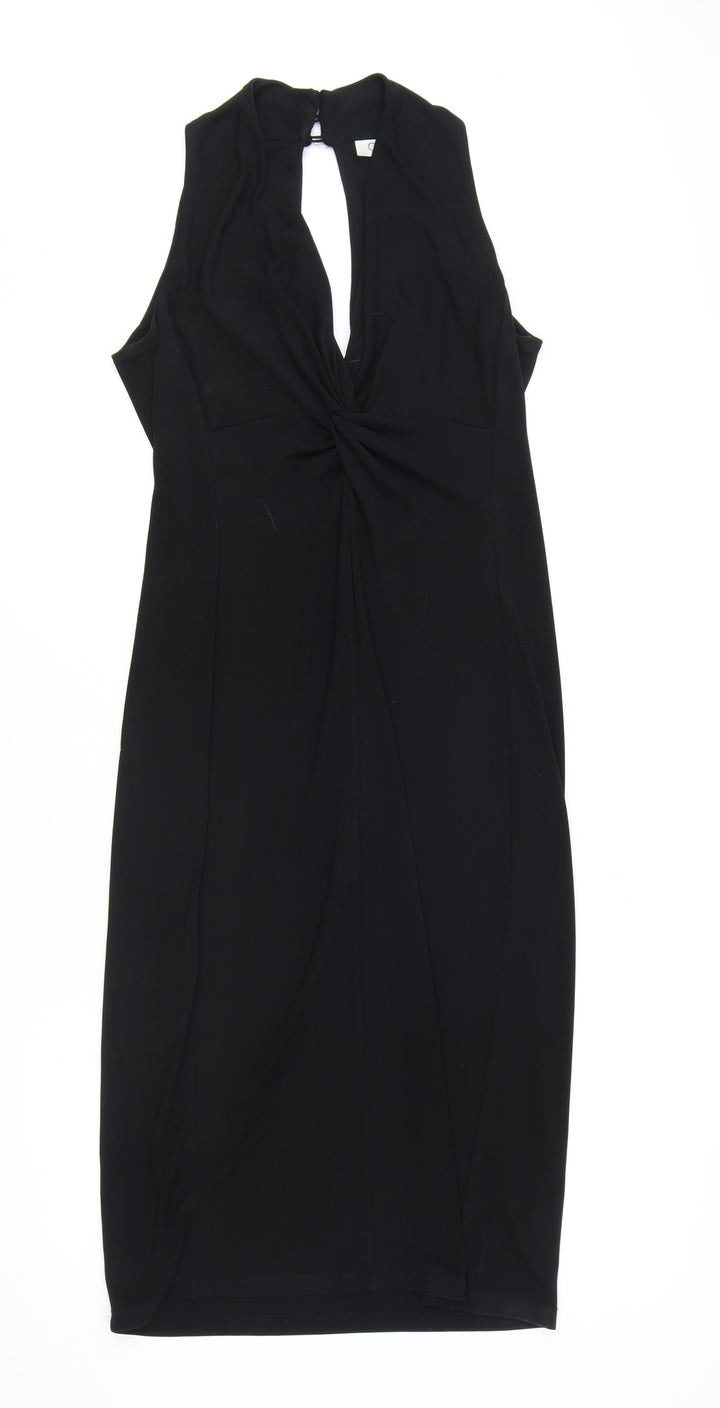 One Womens Black Polyester Bodycon Size 12 V-Neck Button - Knot Front