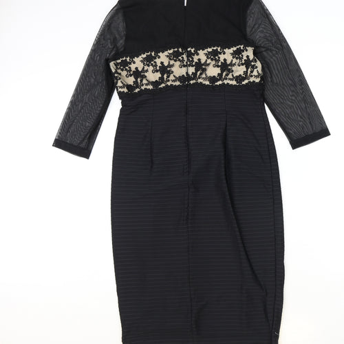 Linear Womens Black Floral Polyester Pencil Dress Size 12 Boat Neck Zip - Mesh Sleeve Detail, Lace Panel