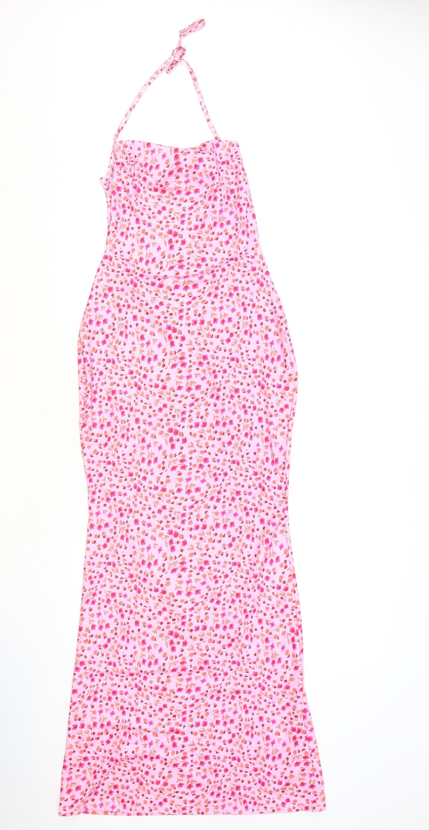 Preworn Womens Pink Geometric Polyester Slip Dress Size M Halter Tie