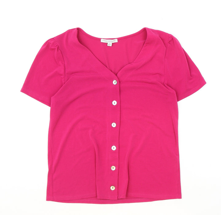 Green Envelope Womens Pink Polyester Basic Blouse Size S V-Neck
