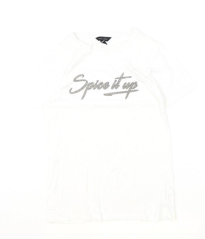New Look Womens Ivory 100% Cotton Basic T-Shirt Size 8 Scoop Neck - Spice It Up