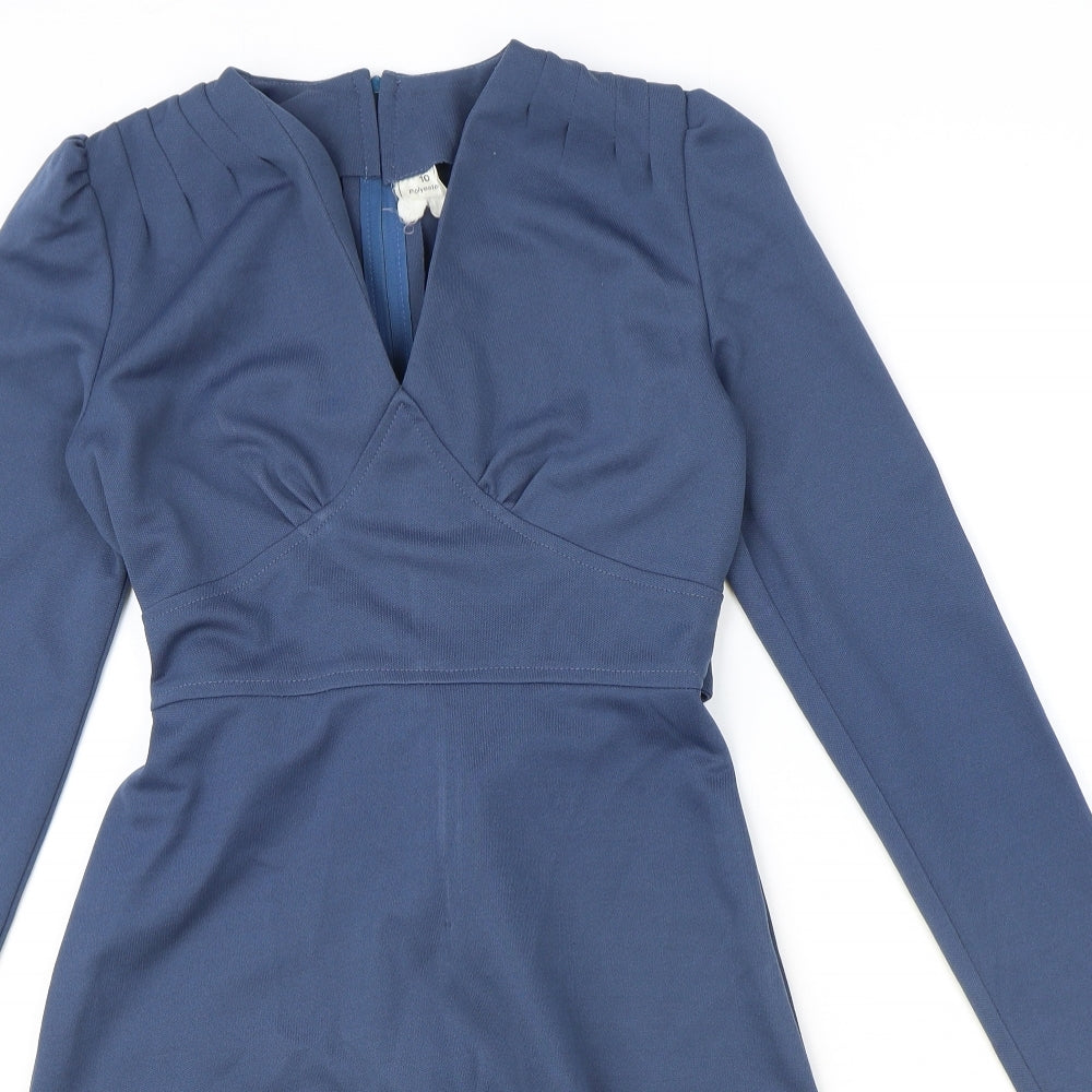 Preworn Womens Blue Polyester Fit & Flare Size 10 V-Neck Zip