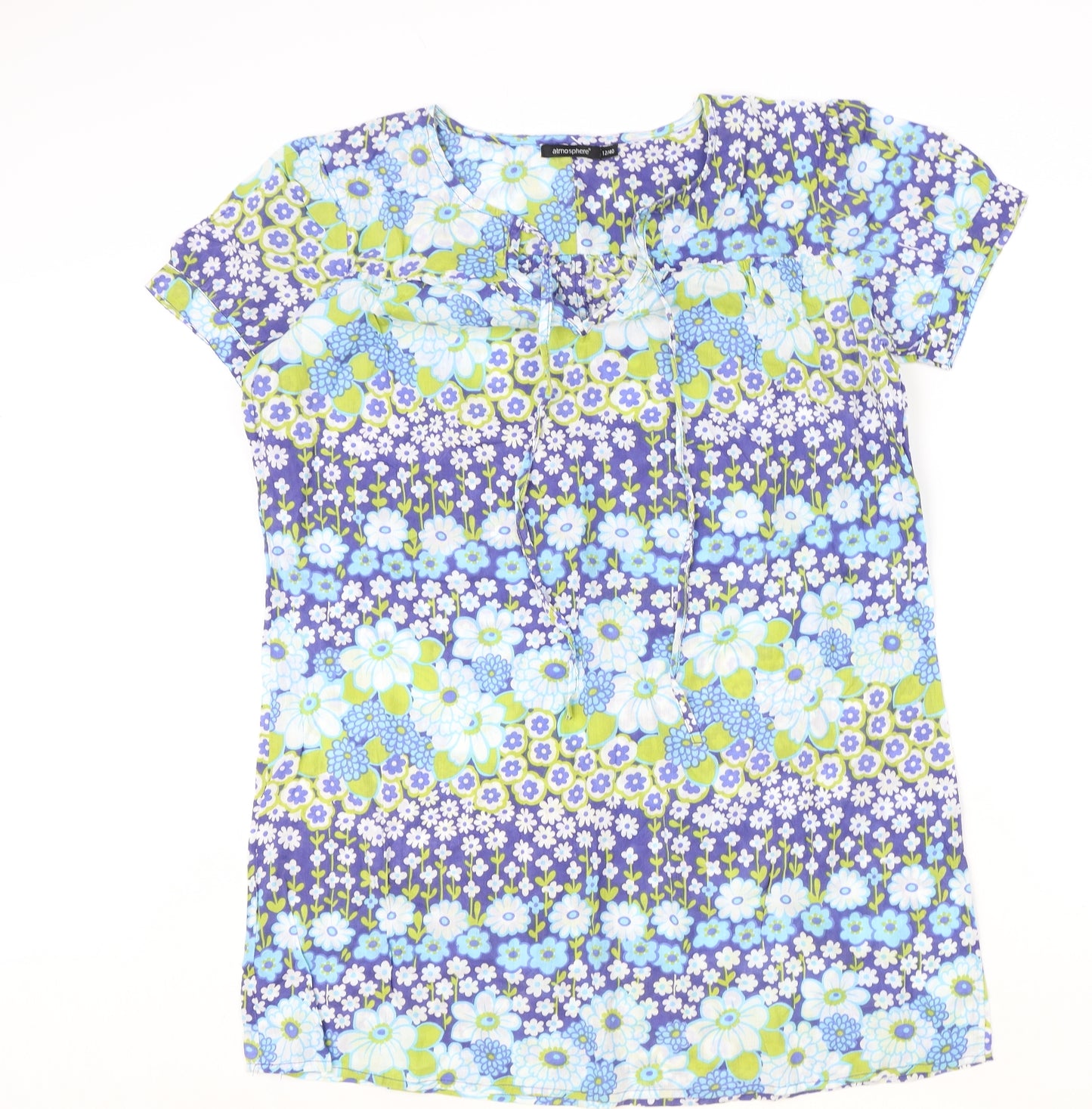 Atmosphere Womens Blue Floral 100% Cotton Shift Size 12 V-Neck Pullover - Tie Neck Detail