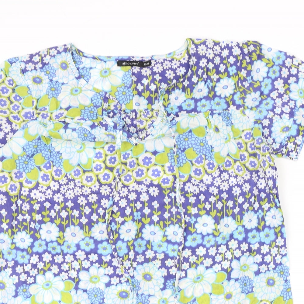 Atmosphere Womens Blue Floral 100% Cotton Shift Size 12 V-Neck Pullover - Tie Neck Detail