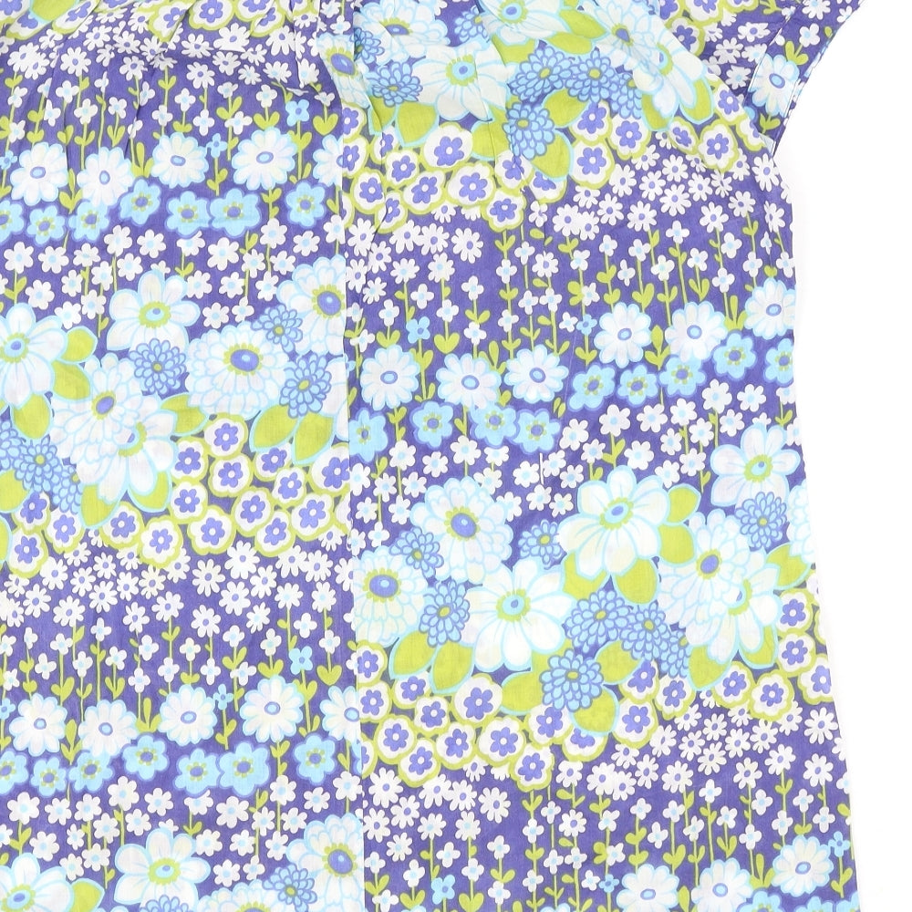 Atmosphere Womens Blue Floral 100% Cotton Shift Size 12 V-Neck Pullover - Tie Neck Detail