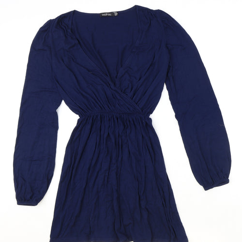 Boohoo Womens Blue Polyester Fit & Flare Size 10 V-Neck Pullover
