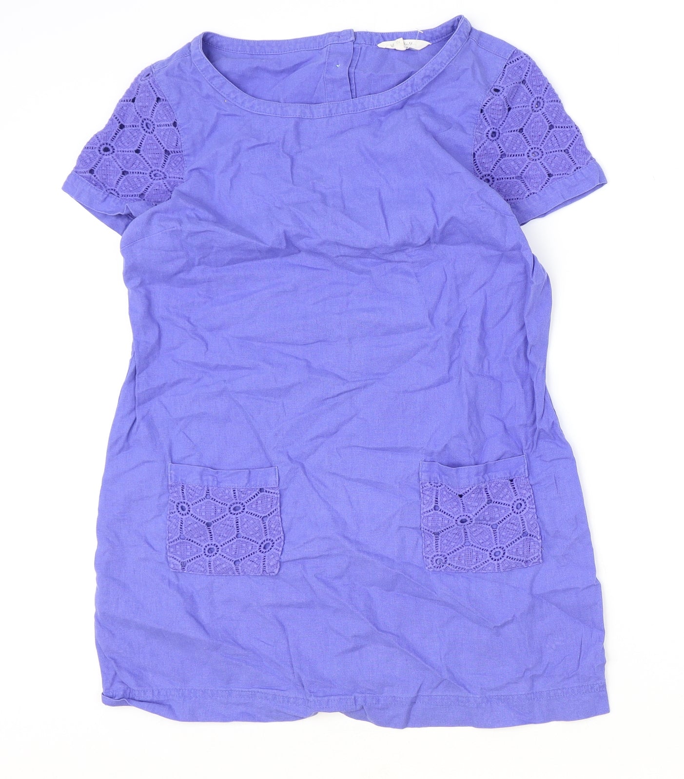 White Stuff Womens Blue Linen Shift Size 10 Boat Neck Button - Broderie Anglaise Detail