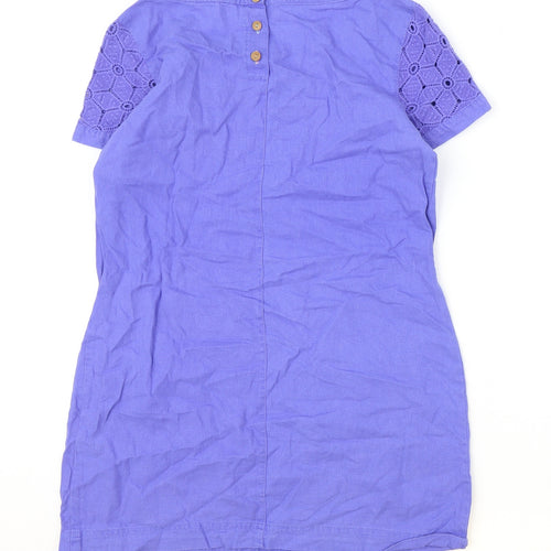 White Stuff Womens Blue Linen Shift Size 10 Boat Neck Button - Broderie Anglaise Detail
