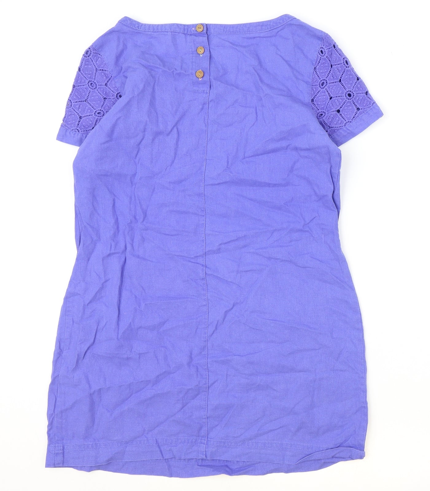 White Stuff Womens Blue Linen Shift Size 10 Boat Neck Button - Broderie Anglaise Detail