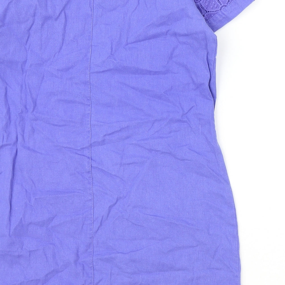 White Stuff Womens Blue Linen Shift Size 10 Boat Neck Button - Broderie Anglaise Detail