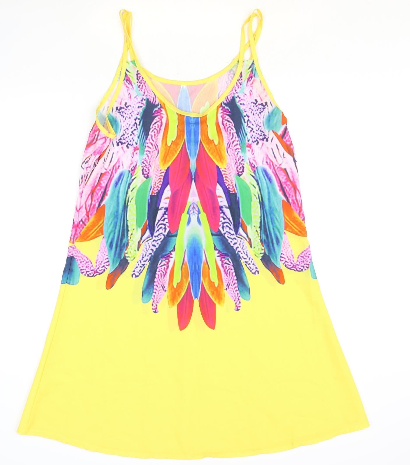 Preworn Womens Yellow Geometric Polyester A-Line Size XL Scoop Neck Pullover - Feather Print