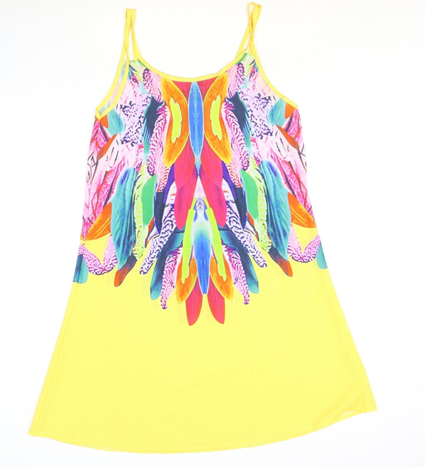 Preworn Womens Yellow Geometric Polyester A-Line Size XL Scoop Neck Pullover - Feather Print