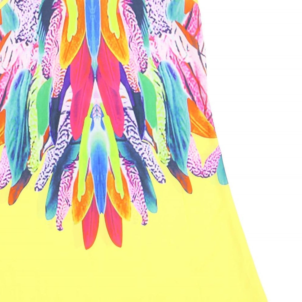 Preworn Womens Yellow Geometric Polyester A-Line Size XL Scoop Neck Pullover - Feather Print