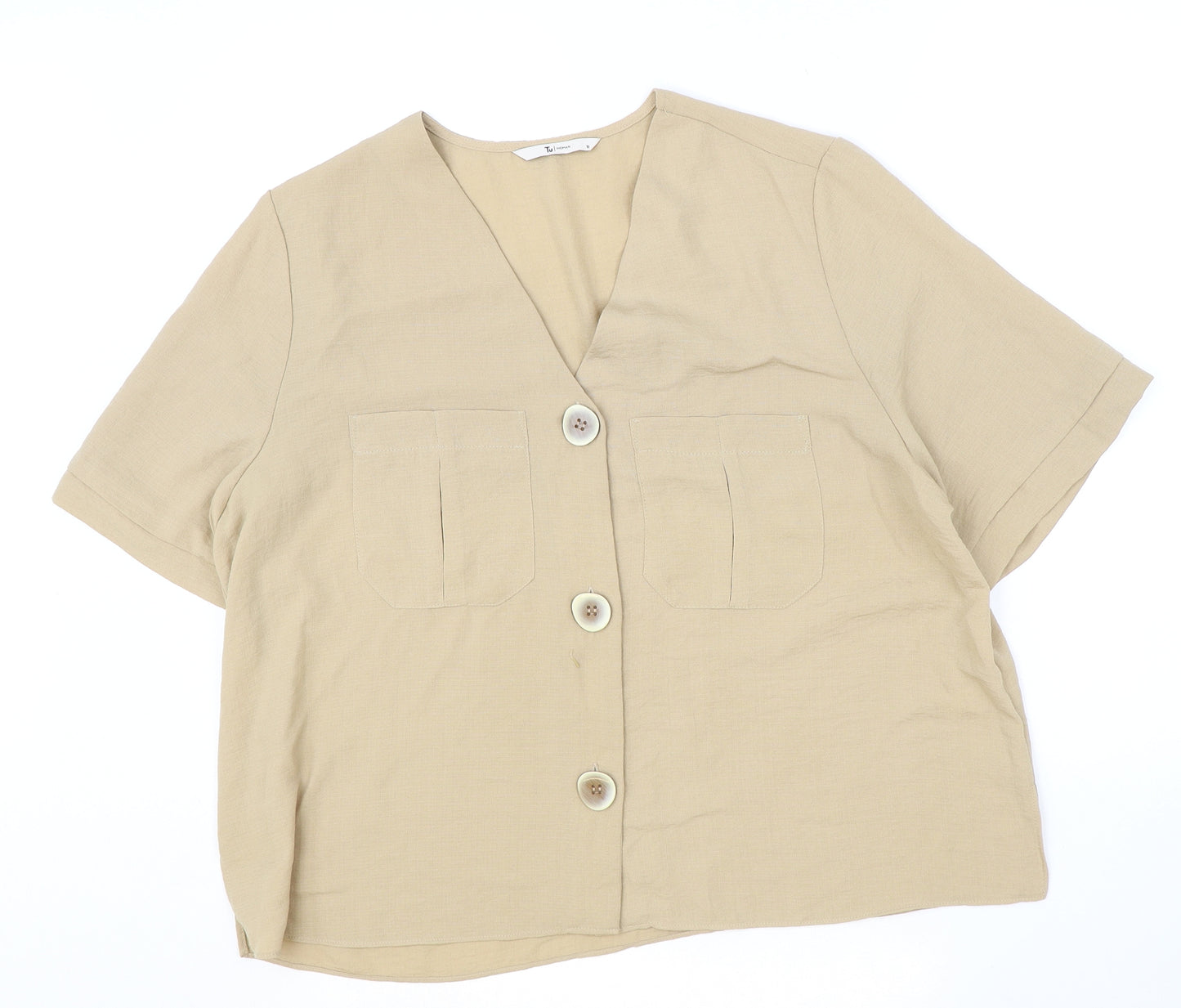 TU Womens Beige Polyester Basic Button-Up Size 18 V-Neck