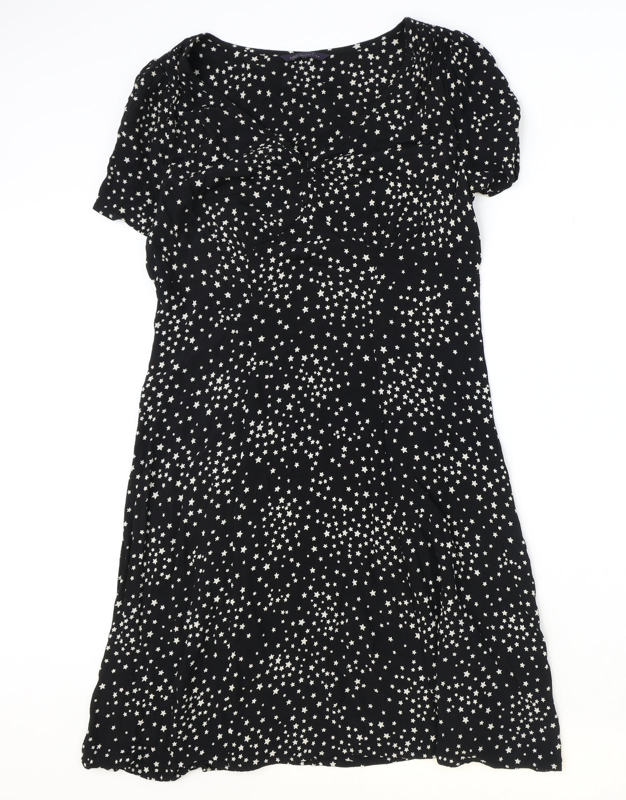 Marks and Spencer Womens Black Geometric Viscose A-Line Size 14 V-Neck Zip - Stars