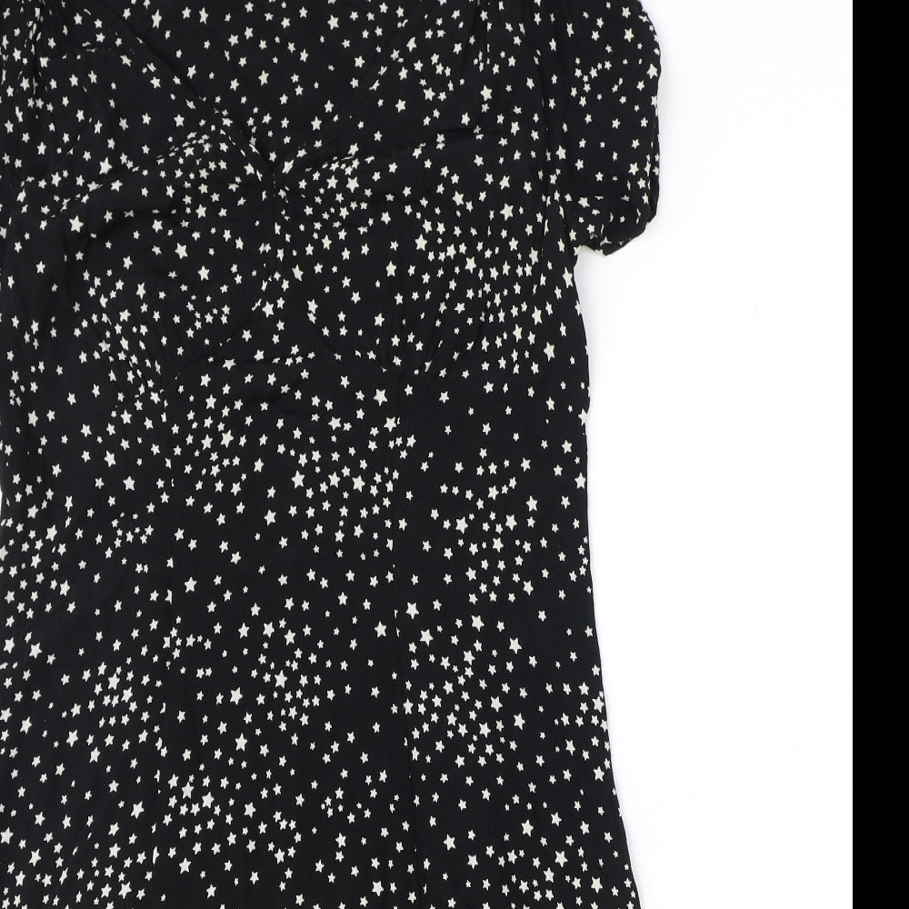 Marks and Spencer Womens Black Geometric Viscose A-Line Size 14 V-Neck Zip - Stars
