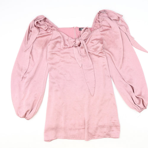 Missguided Womens Pink Polyester Shift Size 10 Sweetheart Zip - Shoulder Tie Detail