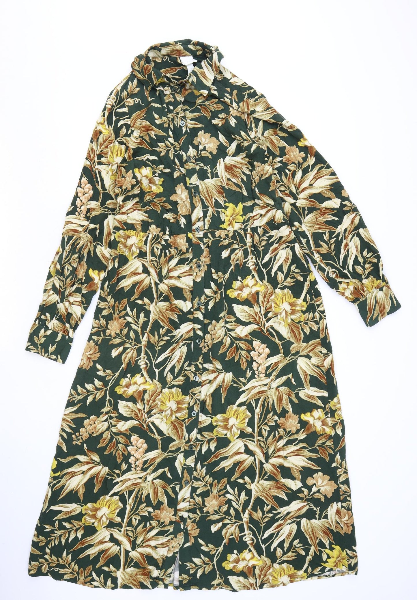 H&M Womens Green Floral Viscose Shirt Dress Size 10 Collared Button
