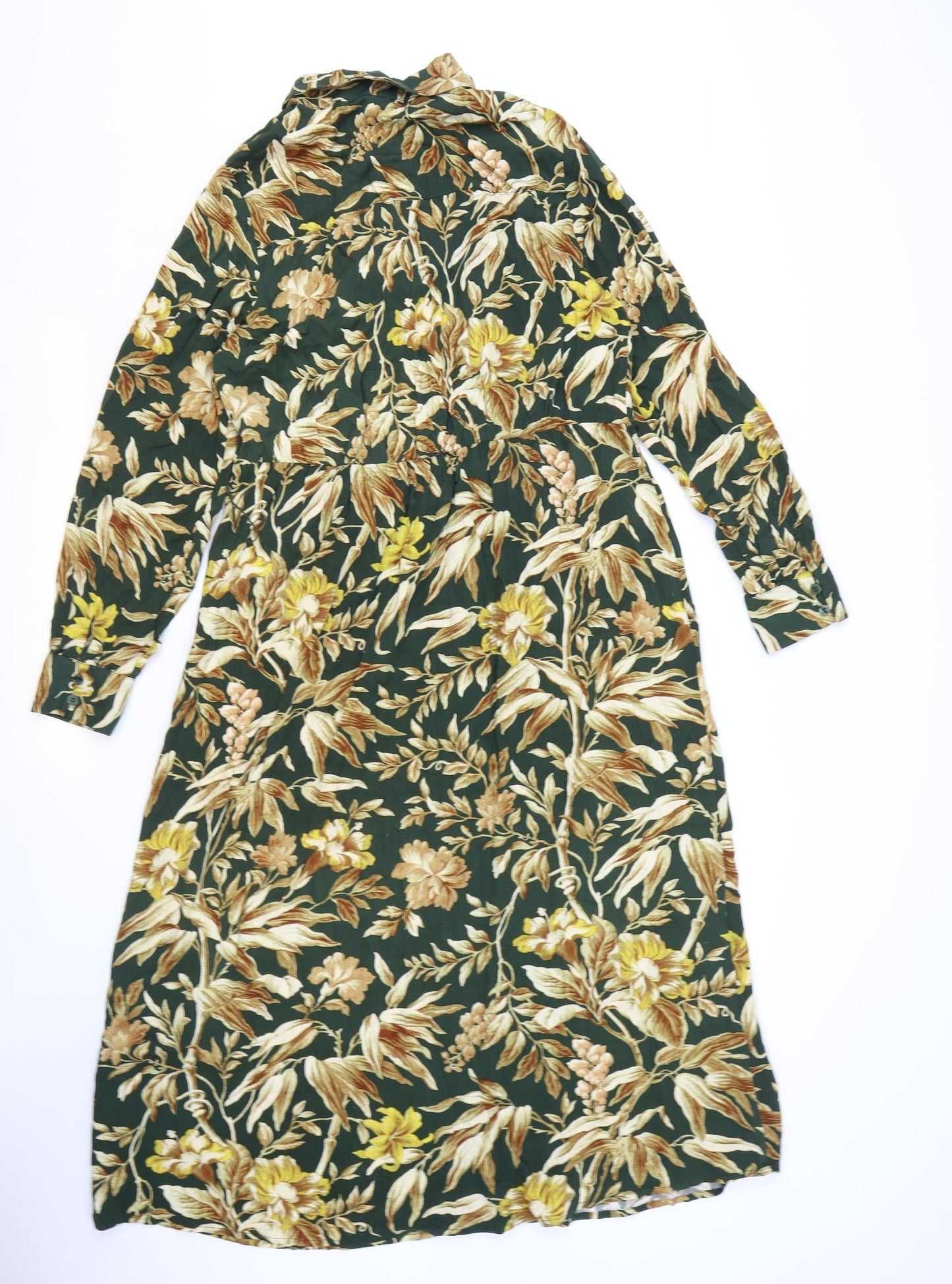 H&M Womens Green Floral Viscose Shirt Dress Size 10 Collared Button