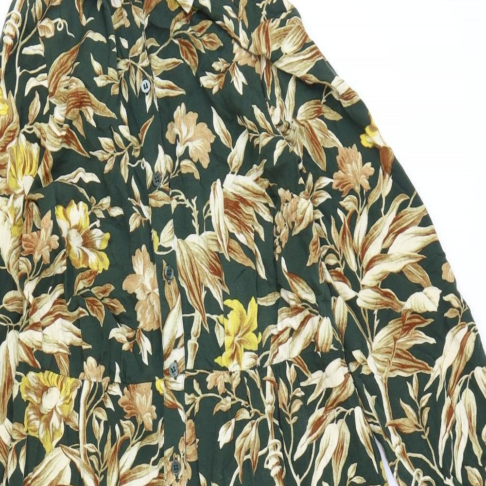H&M Womens Green Floral Viscose Shirt Dress Size 10 Collared Button