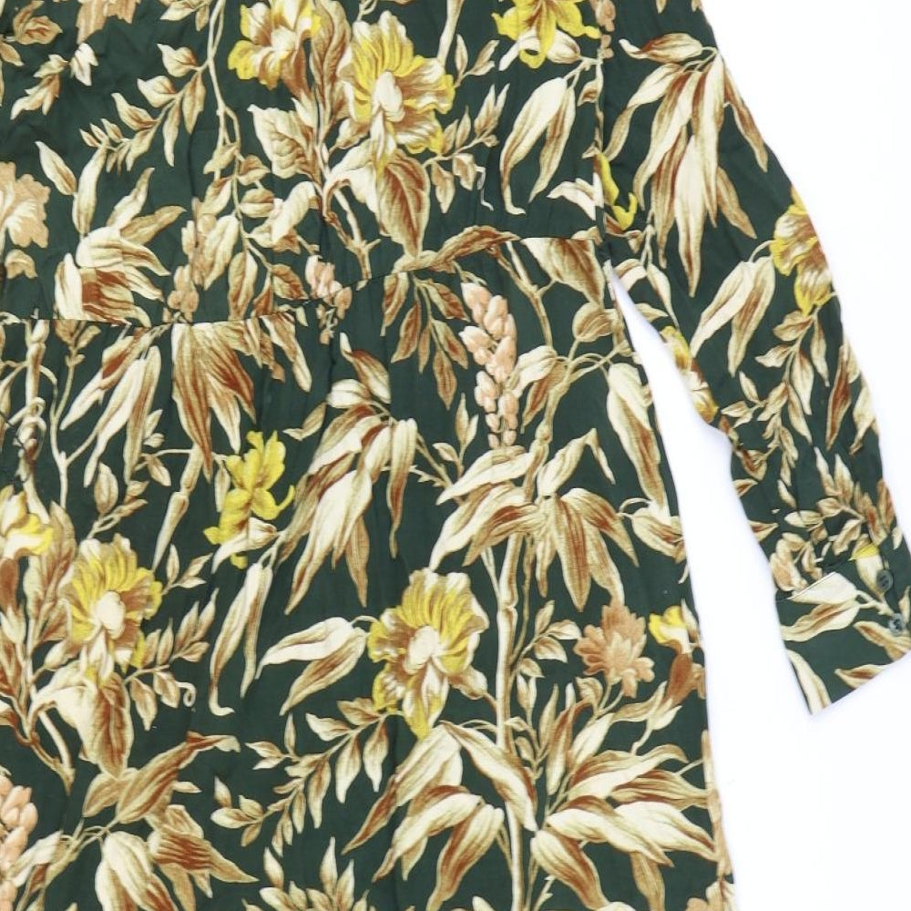 H&M Womens Green Floral Viscose Shirt Dress Size 10 Collared Button