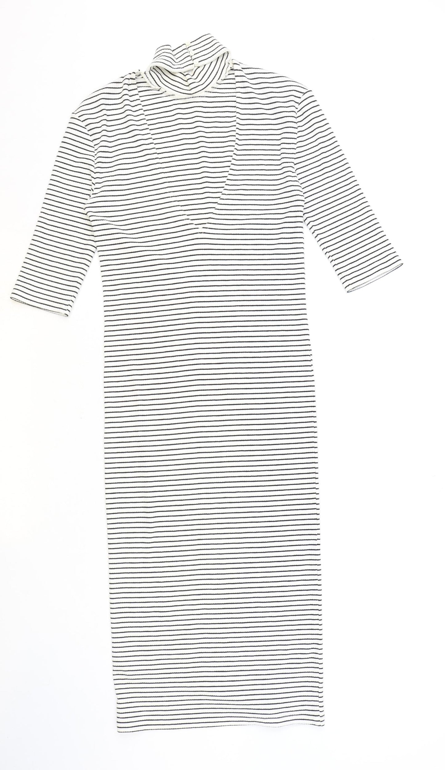 Marks and Spencer Womens Ivory Striped Viscose Jumper Dress Size 10 High Neck Button