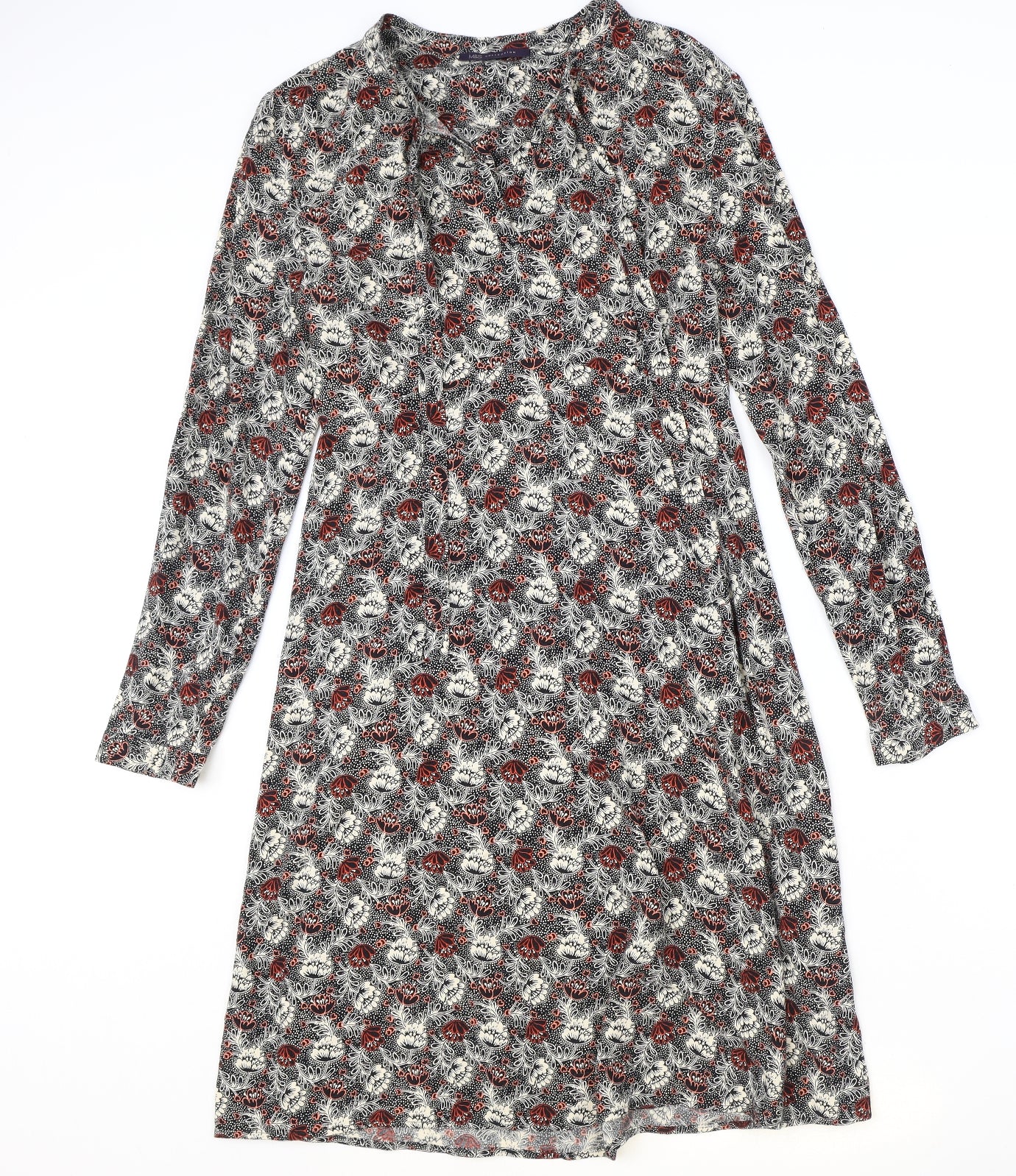 Marks and Spencer Womens Black Geometric Viscose A-Line Size 10 V-Neck Zip