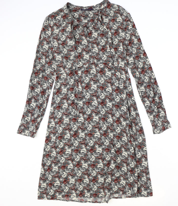 Marks and Spencer Womens Black Geometric Viscose A-Line Size 10 V-Neck Zip