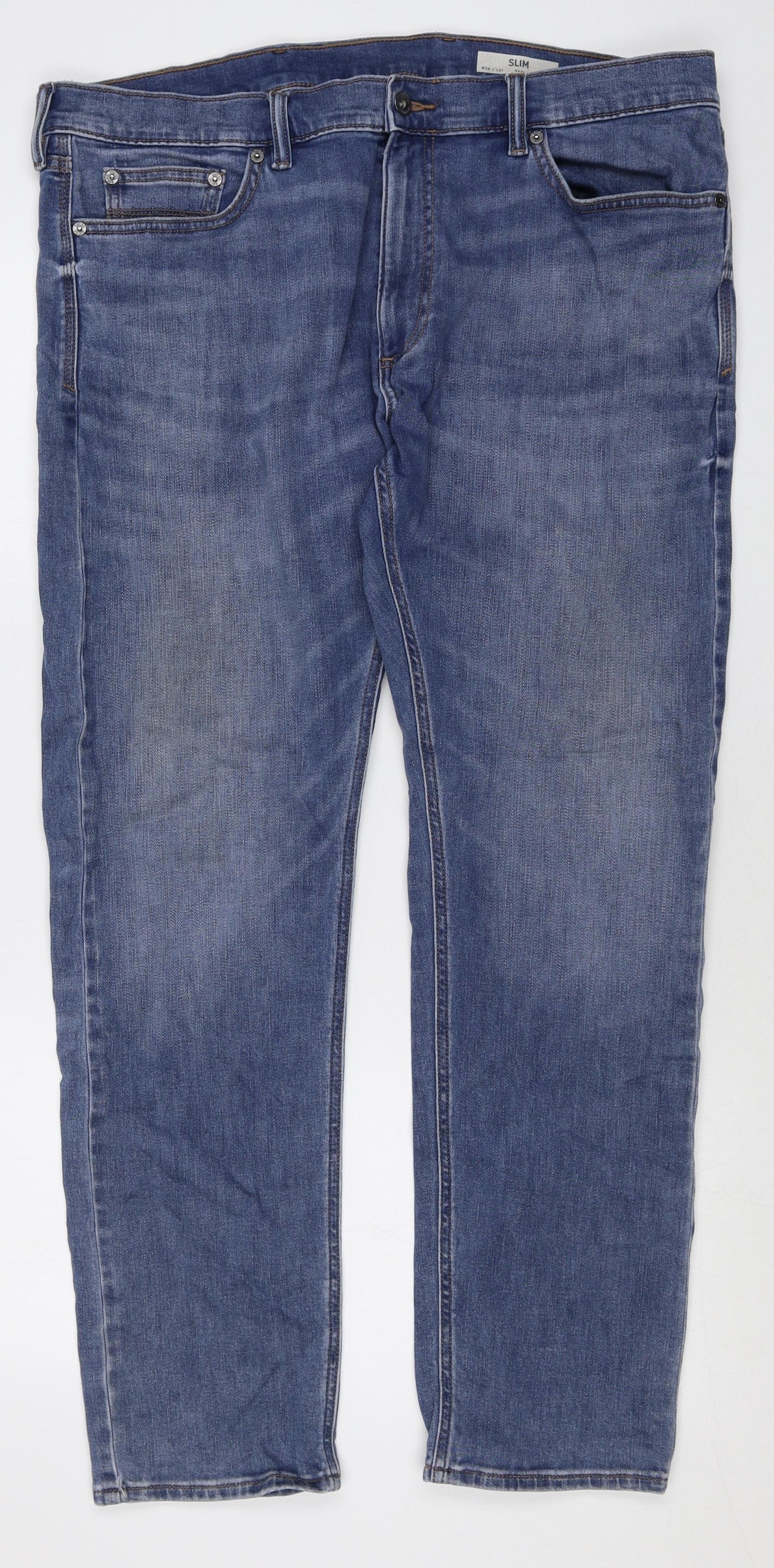 Marks and Spencer Mens Blue Cotton Straight Jeans Size 38 in Slim Zip
