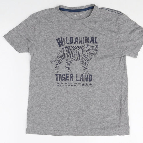 Vertbaudet Boys Grey Cotton Basic T-Shirt Size 10 Years Round Neck Pullover - Tiger