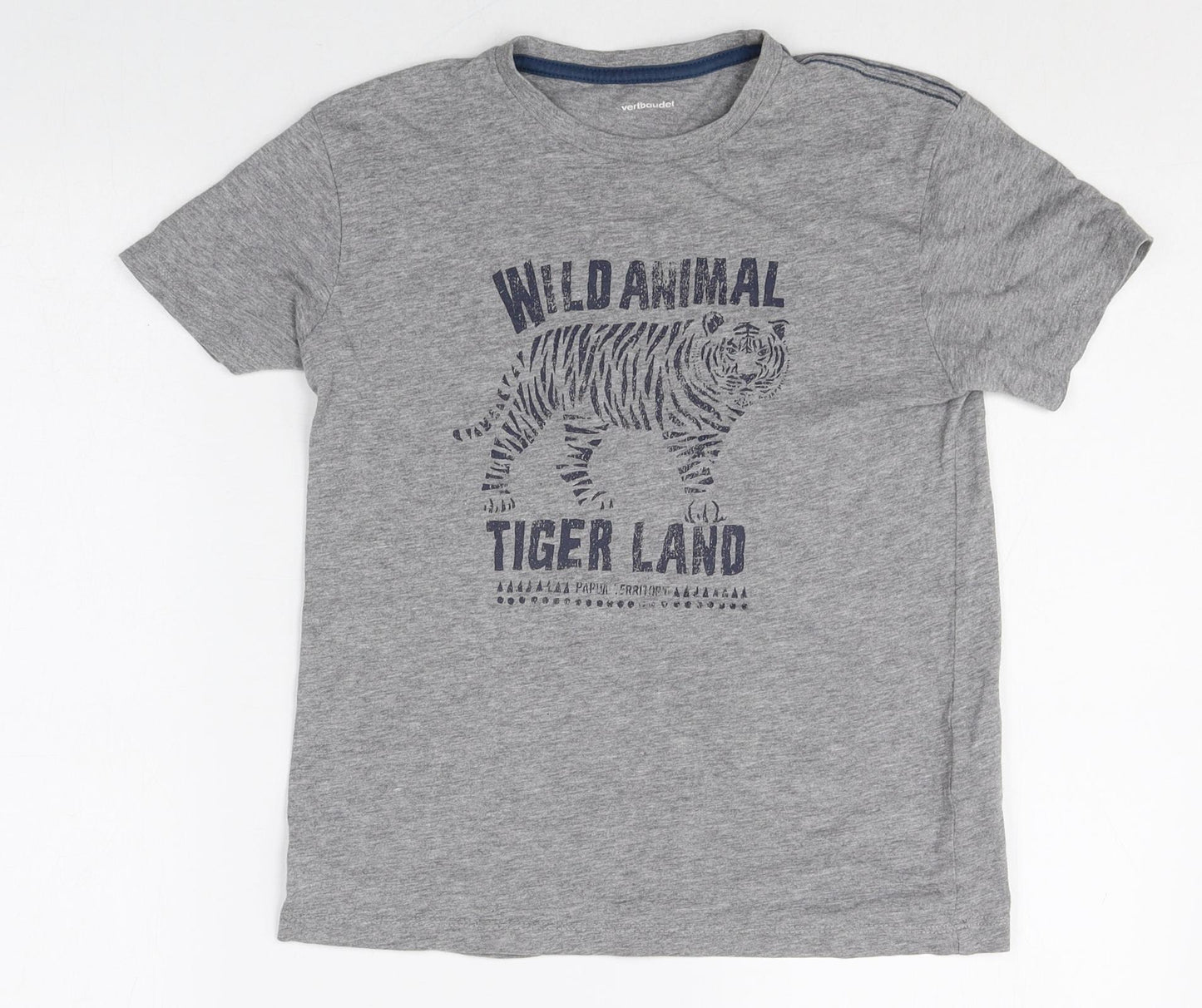 Vertbaudet Boys Grey Cotton Basic T-Shirt Size 10 Years Round Neck Pullover - Tiger