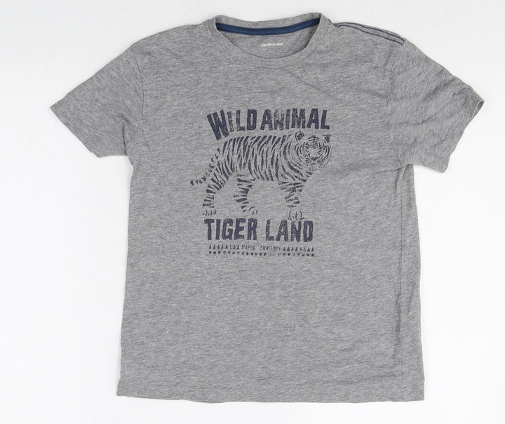 Vertbaudet Boys Grey Cotton Basic T-Shirt Size 10 Years Round Neck Pullover - Tiger