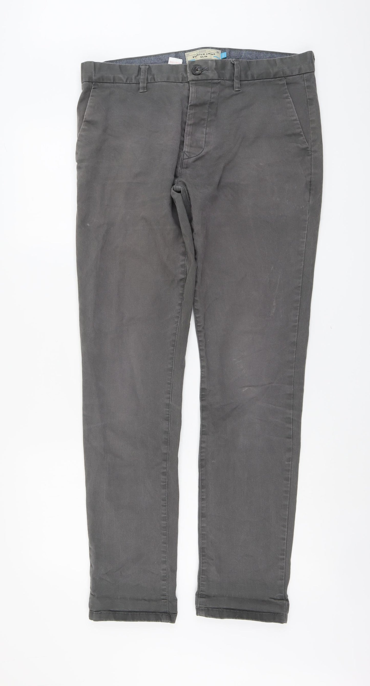NEXT Mens Grey Cotton Chino Trousers Size 34 in L32 in Slim Button