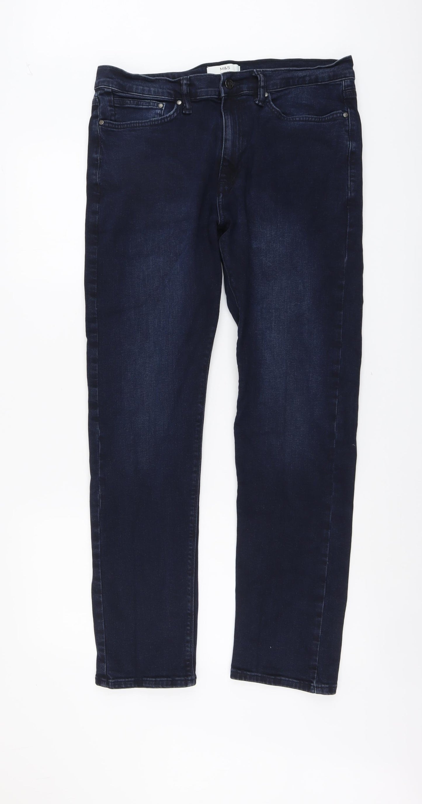 Marks and Spencer Mens Blue Cotton Straight Jeans Size 34 in L31 in Regular Button