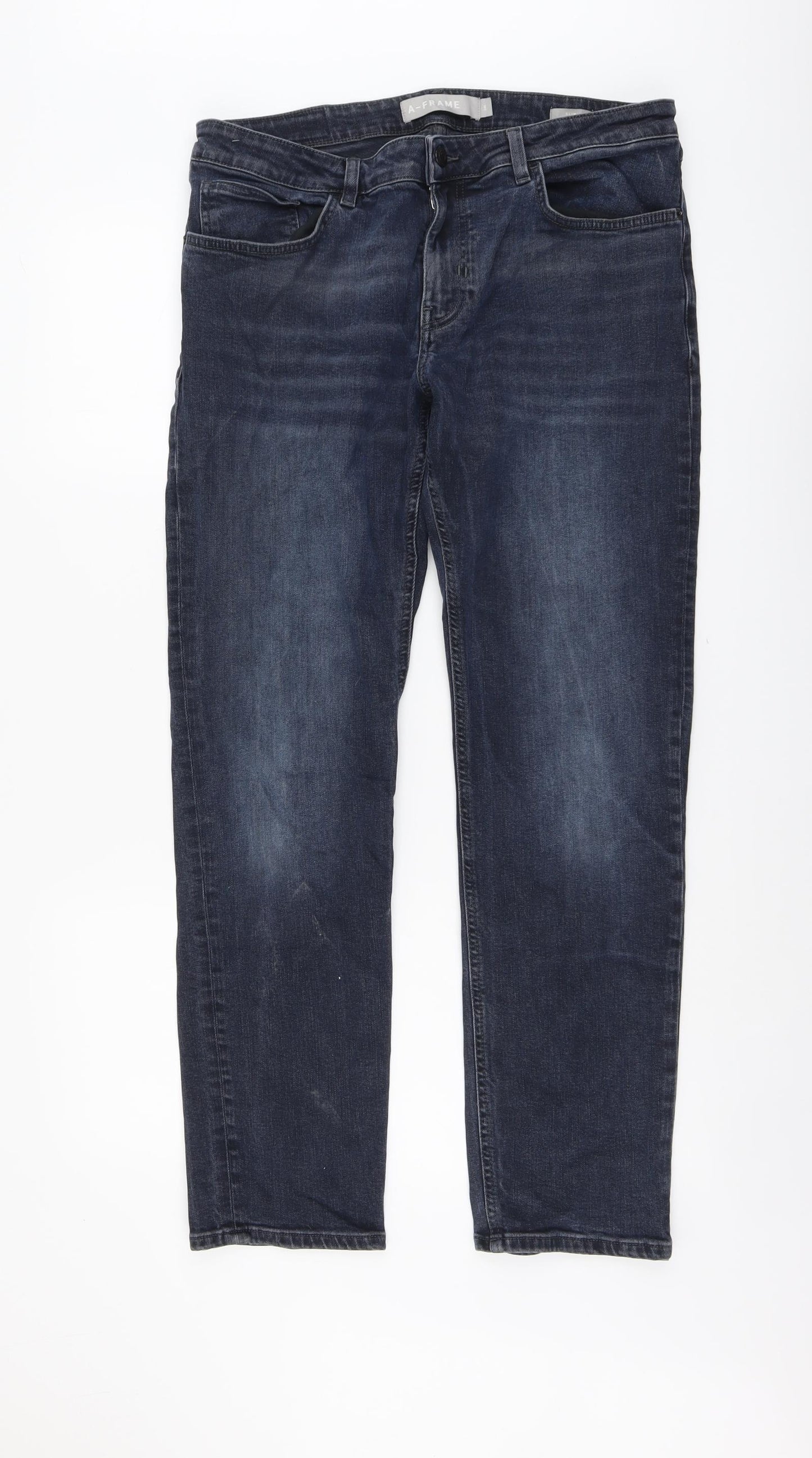A-FRAME Mens Blue Cotton Straight Jeans Size 34 in L30 in Regular Button