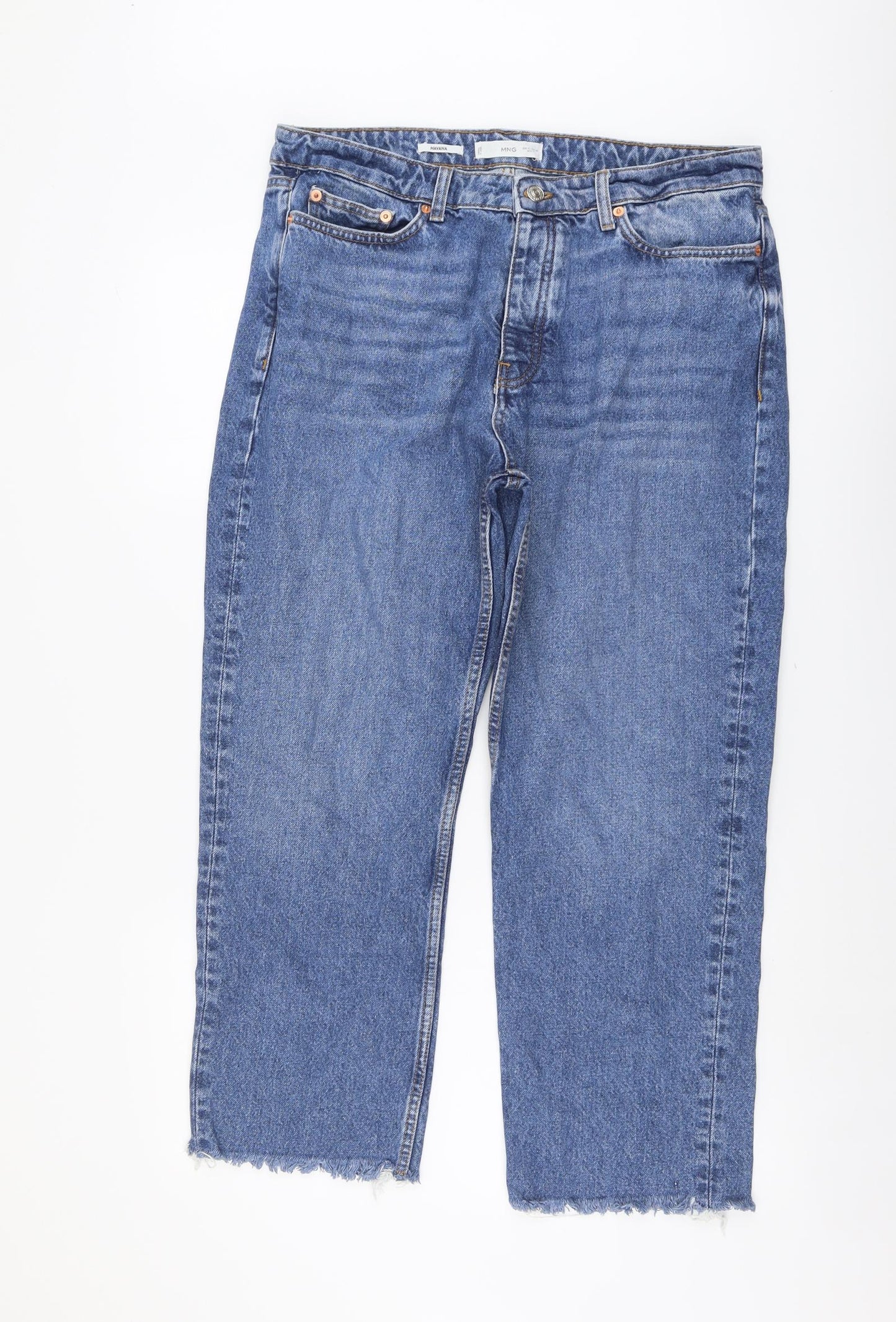 Mango Womens Blue Cotton Straight Jeans Size 14 L26 in Regular Button