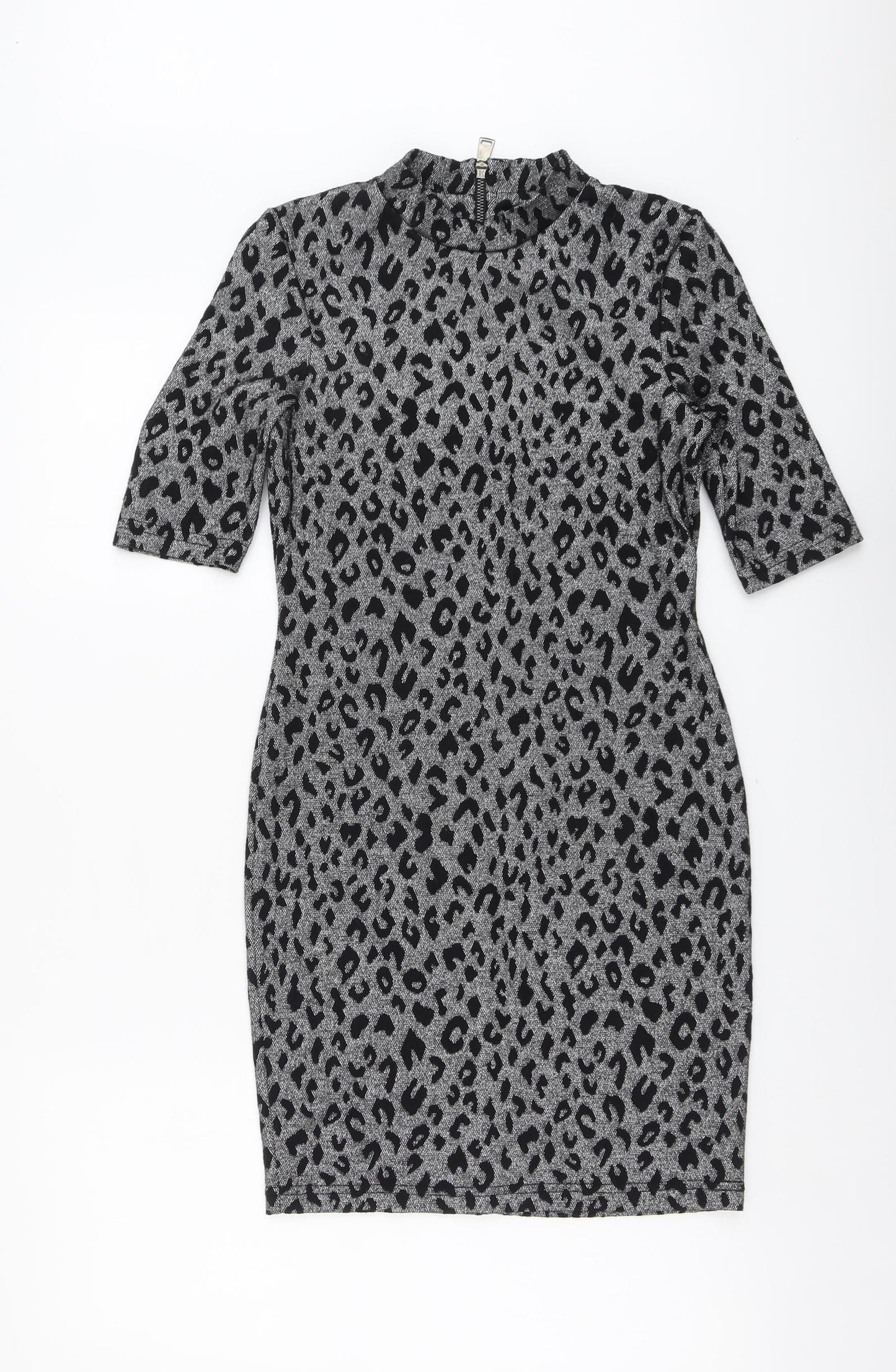 Topshop Womens Grey Animal Print Polyester Bodycon Size 10 High Neck Zip - Leopard print