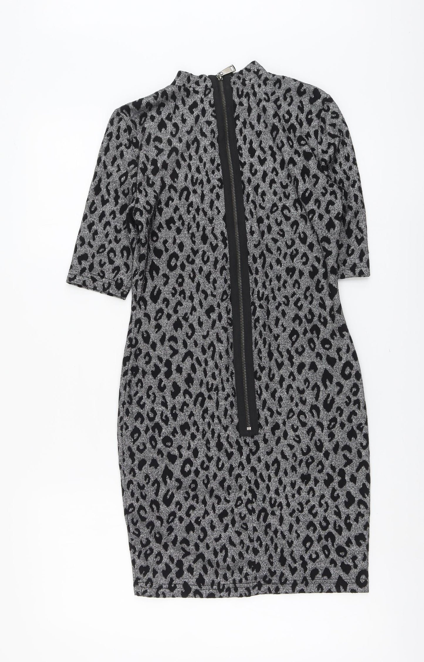 Topshop Womens Grey Animal Print Polyester Bodycon Size 10 High Neck Zip - Leopard print