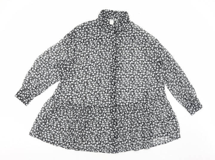 H&M Womens Black Floral Polyester Shirt Dress Size 8 Collared Button - Tiered