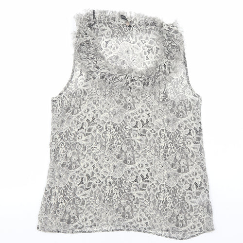 Topshop Womens Black Geometric Polyester Basic Tank Size 10 Round Neck - Lace Effect