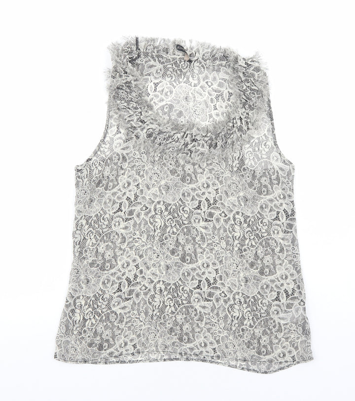 Topshop Womens Black Geometric Polyester Basic Tank Size 10 Round Neck - Lace Effect