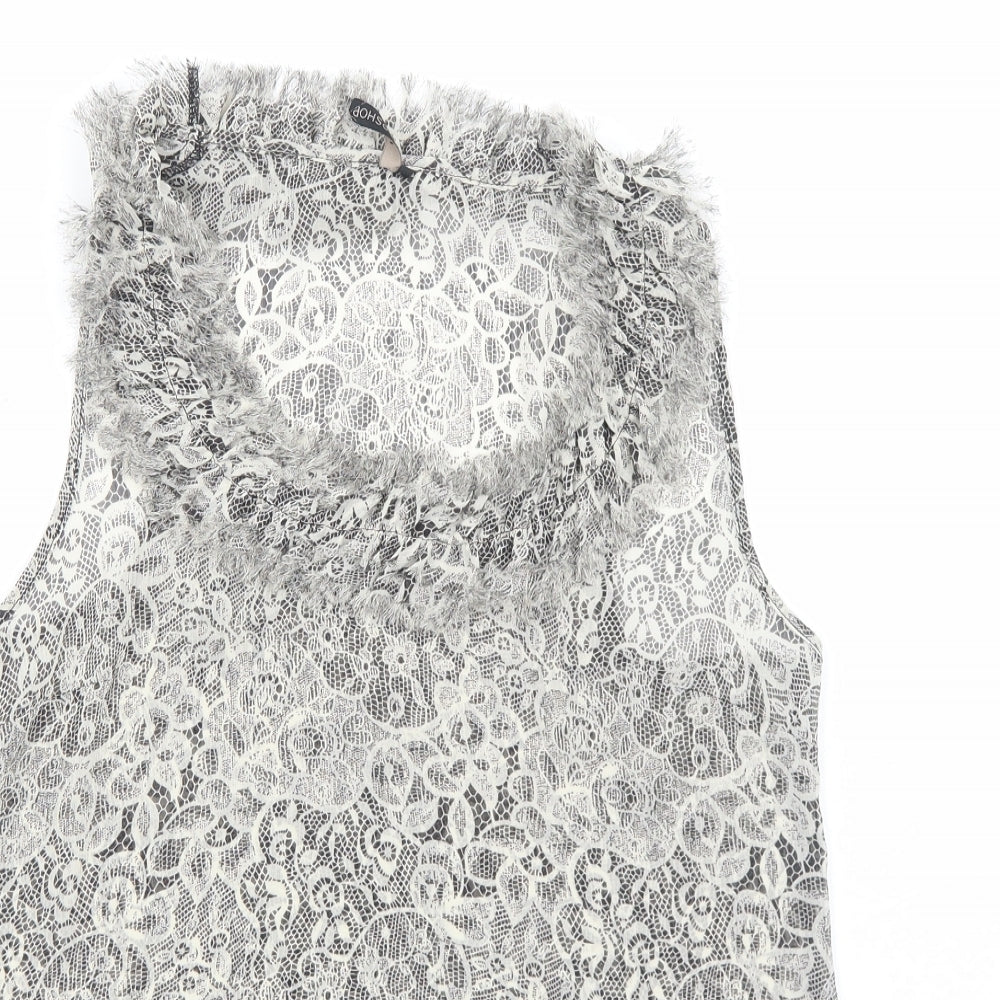 Topshop Womens Black Geometric Polyester Basic Tank Size 10 Round Neck - Lace Effect