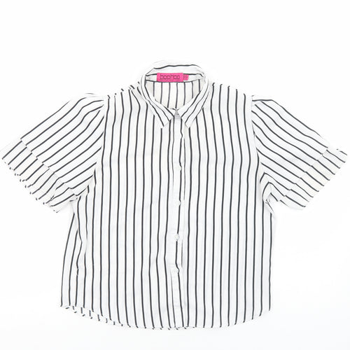 Boohoo Womens White Striped Polyester Basic Button-Up Size 8 Collared