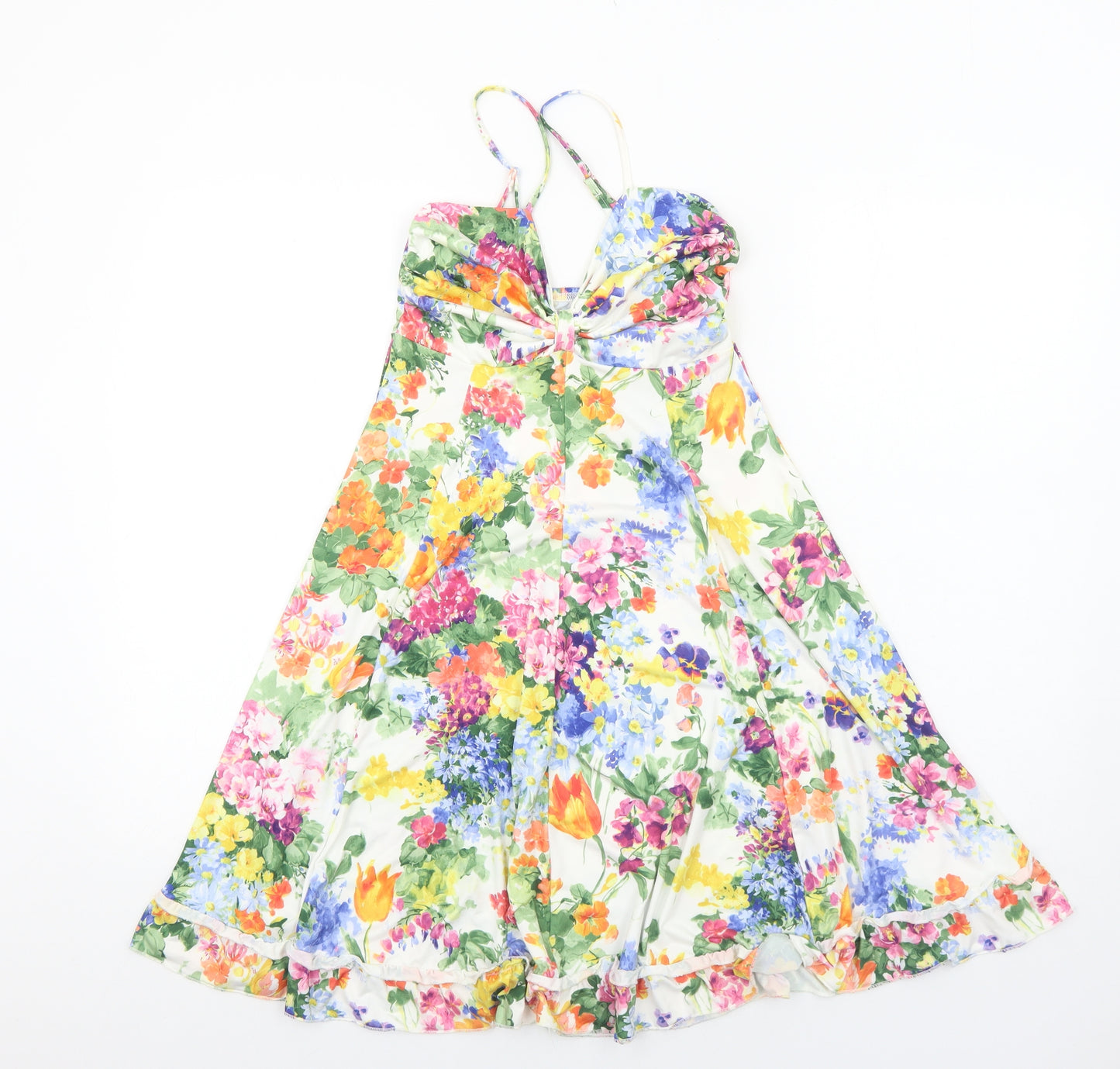 Preworn Womens White Floral Polyester A-Line Size 8 V-Neck Pullover