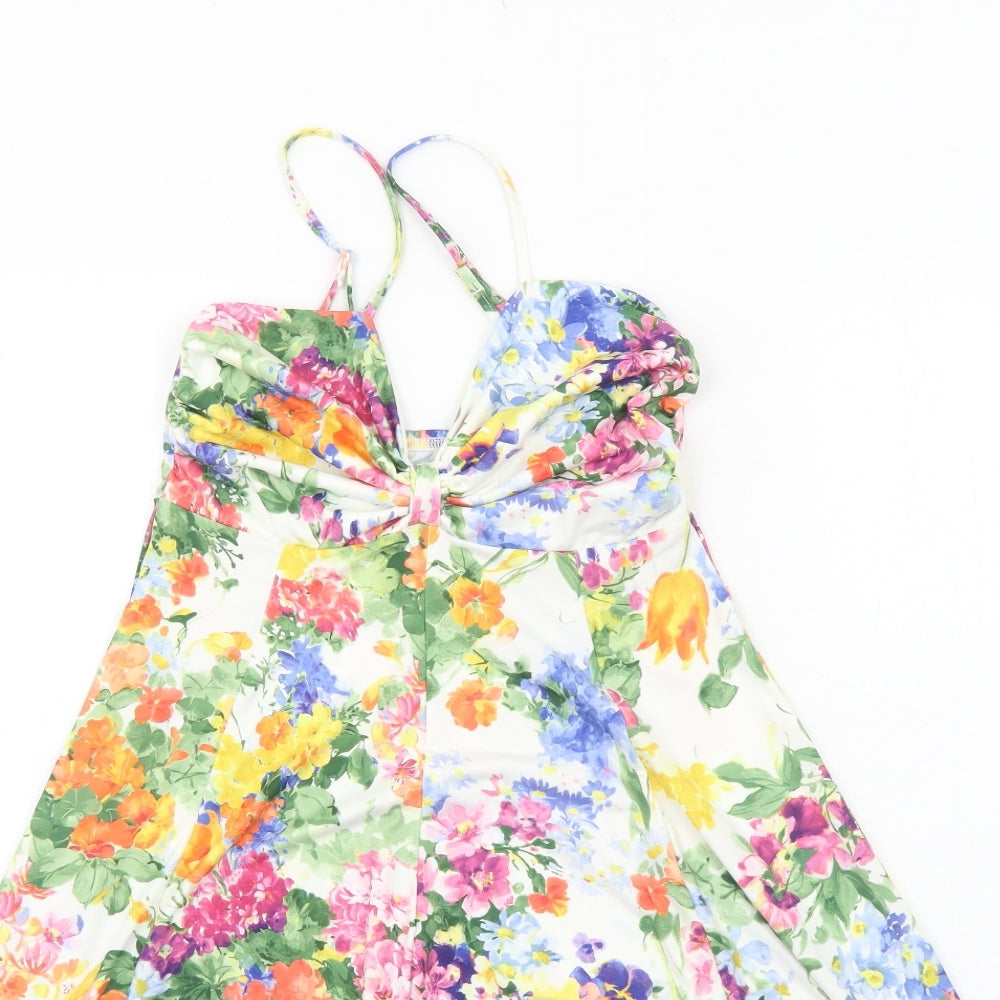 Preworn Womens White Floral Polyester A-Line Size 8 V-Neck Pullover