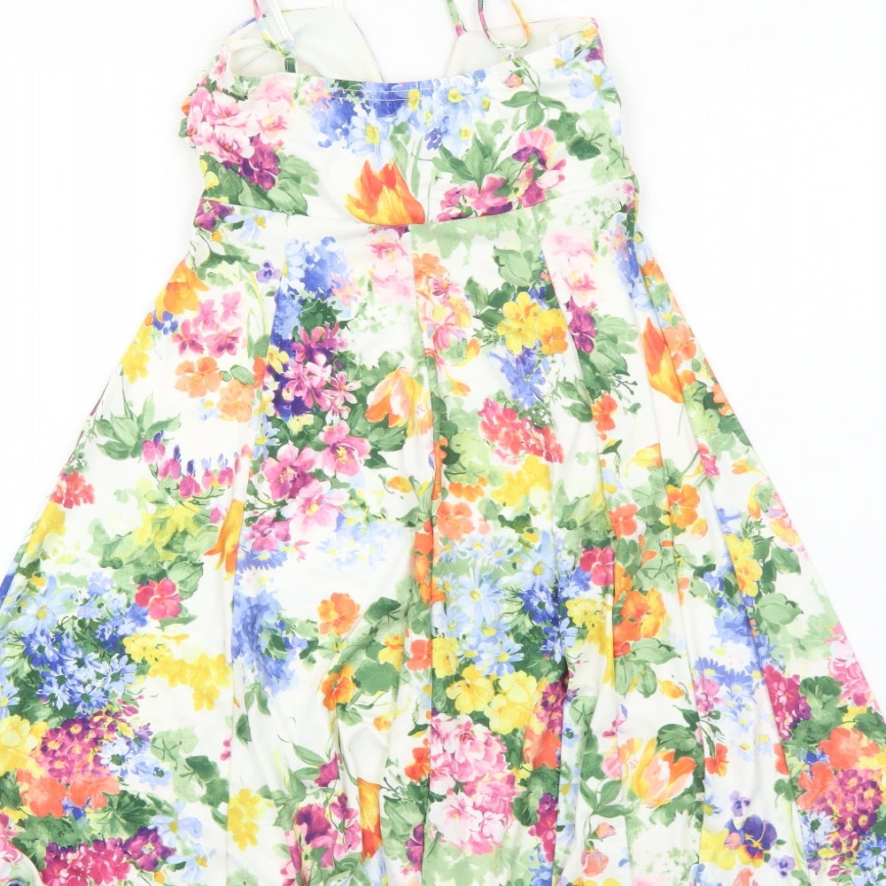 Preworn Womens White Floral Polyester A-Line Size 8 V-Neck Pullover